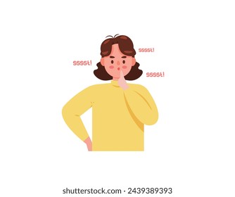 Shushing. Illustration of a beautiful woman asking to be quiet and calm. telling them to stop talking or making noise. gestures. Flat style female character design. graphic elements. Vector