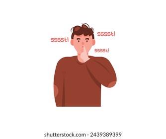 Shushing. Illustration of a gallant and large man asking to be quiet and calm. telling them to stop talking or making noise. gestures. Flat style male character design. graphic elements. Vector