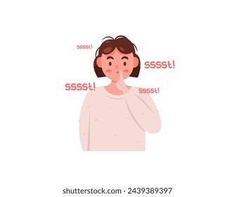 Shushing. Illustration of a girl asking to be quiet and calm. telling them to stop talking or making noise. gestures. Flat style girl character design. graphic elements. Vector