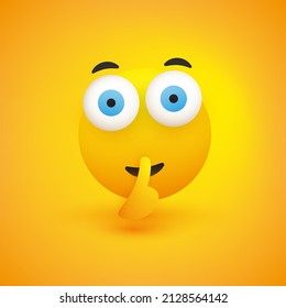 Shushing Serious Face with Big Open Eyes Gesturing - Asking for Be Quiet, Lower Your Voice, Make Silence - Simple Emoticon for Instant Messaging on Yellow Background - Vector Design Illustration