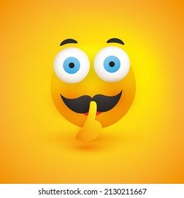 Shushing Serious Male Face with Mustache and Big Open Eyes Gesturing - Asking for Do Not Be Loud, Showing Make Silence Sign - Simple Emoticon for Instant Messaging on Yellow Background - Vector Design