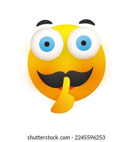Shushing Serious Male Face with Mustache and Big Open Eyes Gesturing - Asking for Do Not Be Loud, Showing Make Silence Sign - Simple Emoticon for Instant Messaging on White Background - Vector Design