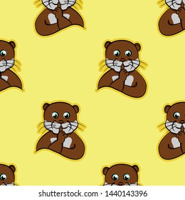 shut up code animals funny animals, otter silent hand index finger in lips, pet cute seamless pattern with cartoon hand drawing and yellow background
