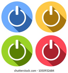 shut down, power. Set of white icons with long shadow on blue, orange, green and red colored circles. Sticker style