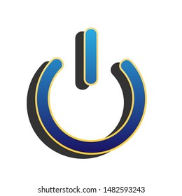 Shut down sign. Blue icon with gold contour with dark gray shadow at white background. Illustration.