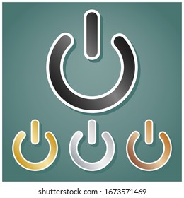 Cierre el signo. Conjunto de íconos metálicos con gradiente gris, dorado, plata y bronce con contorno blanco y sombra en fondo viridán. Ilustración.