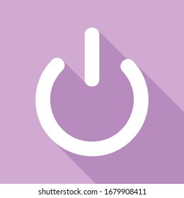 Shut down sign. White Icon with long shadow at purple background. Illustration.