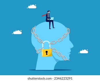 Shut down thoughts. Businessman and head locked with padlock 