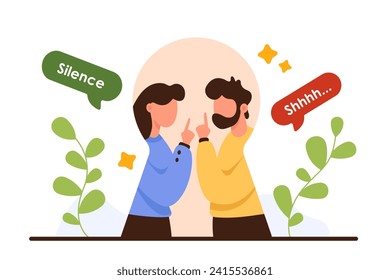 Shut mouth, stop talk gestures from couple, secrecy. Man and woman in keyhole of door showing index fingers to ask hush and secret, Shhhh and Silence text in speech bubbles cartoon vector illustration