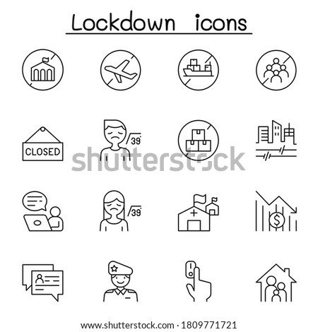 Shutdown city, State quarantine icon set in thin line style