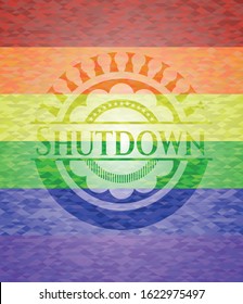 Shutdown emblem on mosaic background with the colors of the LGBT flag