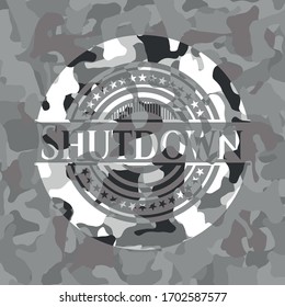 Shutdown grey camo emblem. Vector Illustration. 
