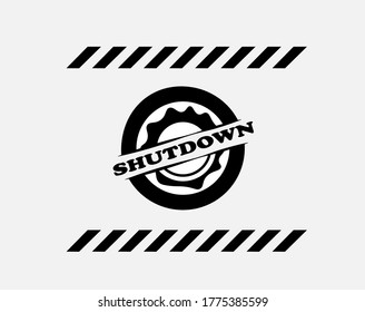 Shutdown grunge black emblem with black background, warning sign