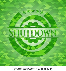 Shutdown realistic green emblem. Mosaic background. Vector Illustration. Detailed. 
