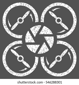 Shutter Drone grainy textured icon for overlay watermark stamps. Flat symbol with unclean texture. Dotted vector white ink rubber seal stamp with grunge design on a gray background.
