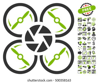 Shutter Drone icon with bonus calendar and time service symbols. Vector illustration style is flat iconic symbols, eco green and gray colors, white background.