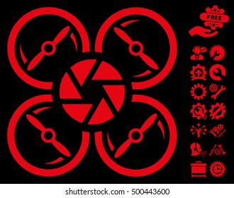 Shutter Drone icon with bonus configuration images. Vector illustration style is flat iconic symbols, red color, black background.