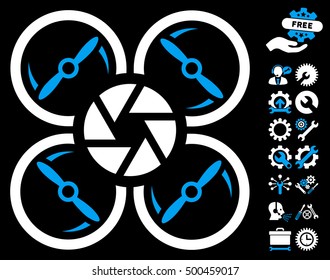 Shutter Drone icon with bonus configuration pictures. Vector illustration style is flat iconic symbols, blue and white colors, black background.