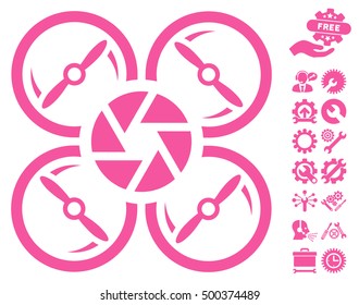 Shutter Drone icon with bonus setup tools design elements. Vector illustration style is flat iconic symbols, pink color, white background.