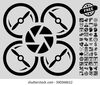 Shutter Drone pictograph with bonus calendar and time service pictograph collection. Vector illustration style is flat iconic symbols, black color, light gray background.