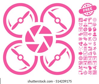 Shutter Drone pictograph with bonus calendar and time service icon set. Vector illustration style is flat iconic symbols, pink color, white background.