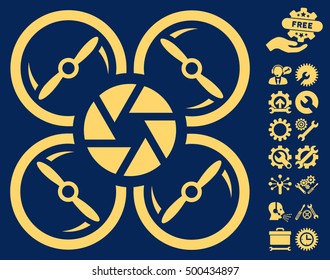 Shutter Drone pictograph with bonus configuration pictograms. Vector illustration style is flat iconic symbols, yellow color, blue background.