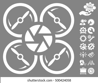 Shutter Drone pictograph with bonus options pictograms. Vector illustration style is flat iconic symbols, white color, gray background.