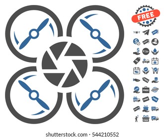 Shutter Drone pictograph with free bonus icon set. Vector illustration style is flat iconic symbols, cobalt and gray colors, white background.