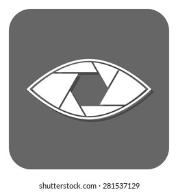 Shutter eye conceptual flat abstract icon isolated on white background. Aperture. Vector illustration for modern photography design. Monochrome. Black and white colors.