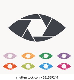 Shutter eye conceptual flat abstract icon isolated on white background. Aperture. Vector illustration for modern photography design. Monochrome.
