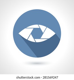 Shutter eye conceptual flat abstract icon isolated on white background. Aperture. Vector illustration for modern photography design. Monochrome blue colors.
