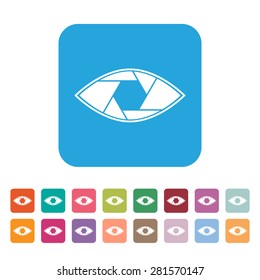 Shutter eye conceptual flat abstract icon isolated on white background. Aperture. Vector illustration for modern photography design. Monochrome.