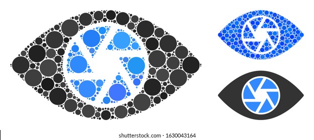 Shutter eye mosaic of circle elements in different sizes and color tints, based on shutter eye icon. Vector circle elements are grouped into blue mosaic.