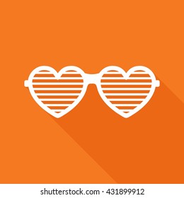 Shutter glasses heart. Concept of brindled or latticed sunglasses, fashionable accessory, summer youth glasses. Shutter shades sun glasses on orange background with shadow