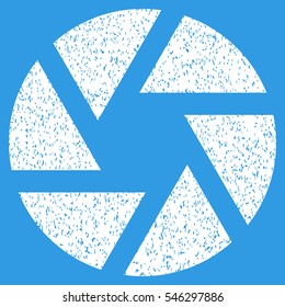 Shutter grainy textured icon for overlay watermark stamps. Flat symbol with unclean texture. Dotted vector white ink rubber seal stamp with grunge design on a blue background.