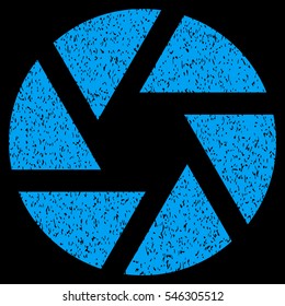 Shutter grainy textured icon for overlay watermark stamps. Flat symbol with scratched texture. Dotted vector blue ink rubber seal stamp with grunge design on a black background.