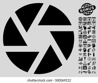 Shutter icon with bonus calendar and time management pictograms. Vector illustration style is flat iconic symbols, black color, light gray background.