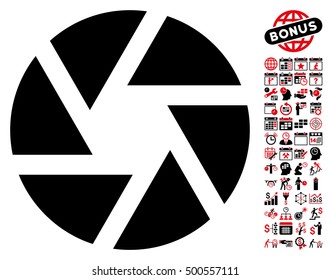 Shutter icon with bonus calendar and time service clip art. Vector illustration style is flat iconic symbols, intensive red and black colors, white background.