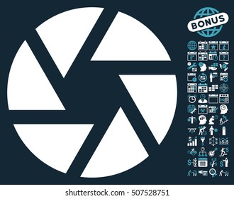 Shutter icon with bonus calendar and time service symbols. Vector illustration style is flat iconic symbols, blue and white colors, dark blue background.