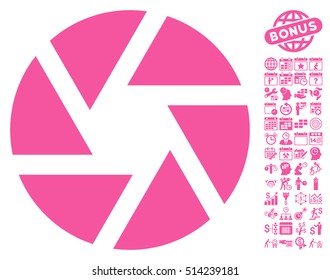 Shutter icon with bonus calendar and time management design elements. Vector illustration style is flat iconic symbols, pink color, white background.
