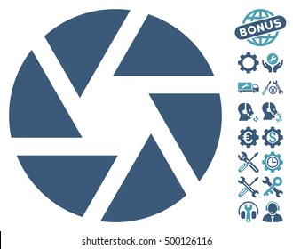 Shutter icon with bonus configuration graphic icons. Vector illustration style is flat iconic symbols, cyan and blue colors, white background.