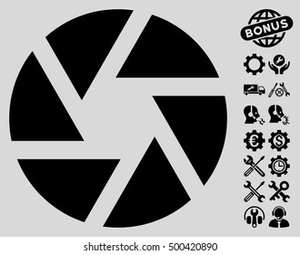 Shutter icon with bonus service design elements. Vector illustration style is flat iconic symbols, black color, light gray background.