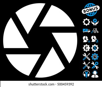 Shutter icon with bonus setup tools images. Vector illustration style is flat iconic symbols, blue and white colors, black background.