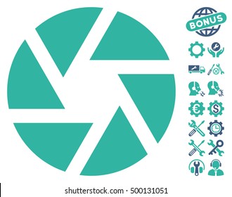 Shutter icon with bonus tools images. Vector illustration style is flat iconic symbols, cobalt and cyan colors, white background.