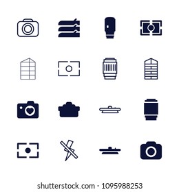 Shutter icon. collection of 16 shutter filled and outline icons such as heart with camera, camera, no flash. editable shutter icons for web and mobile.