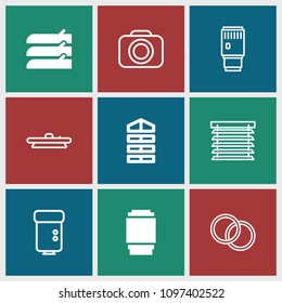 Shutter icon. collection of 9 shutter filled and outline icons such as camera lense, camera, camera flash. editable shutter icons for web and mobile.