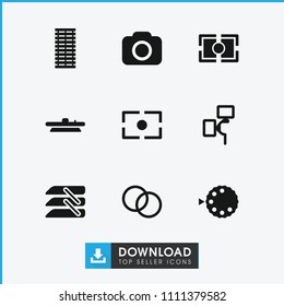 Shutter icon. collection of 9 shutter filled icons such as blinds, camera, camera lense. editable shutter icons for web and mobile.