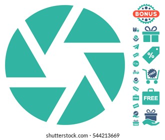 Shutter icon with free bonus icon set. Vector illustration style is flat iconic symbols, cobalt and cyan colors, white background.