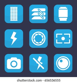Shutter icon. set of 9 filled shutter icons such as blinds, camera, camera shutter, flash, no flash