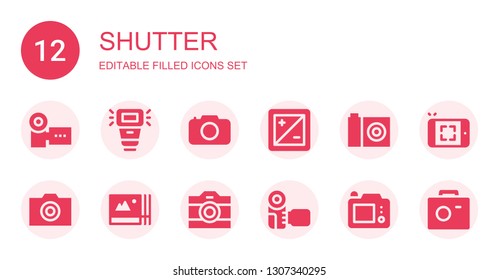 shutter icon set. Collection of 12 filled shutter icons included Camera, Camera flash, Diaphragm, Photo, Photos, Photo camera